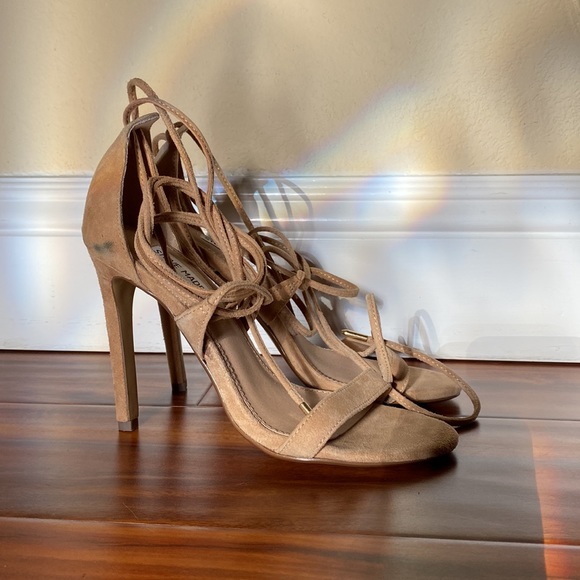 BNWOB Steve Madden Presidnt Sand Suede Leg Wrap Heels, Size 5.5 - Picture 9 of 12